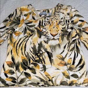 Alfred Dunner White, Yellow & Olive Green Tiger Print Long Sleeve Top